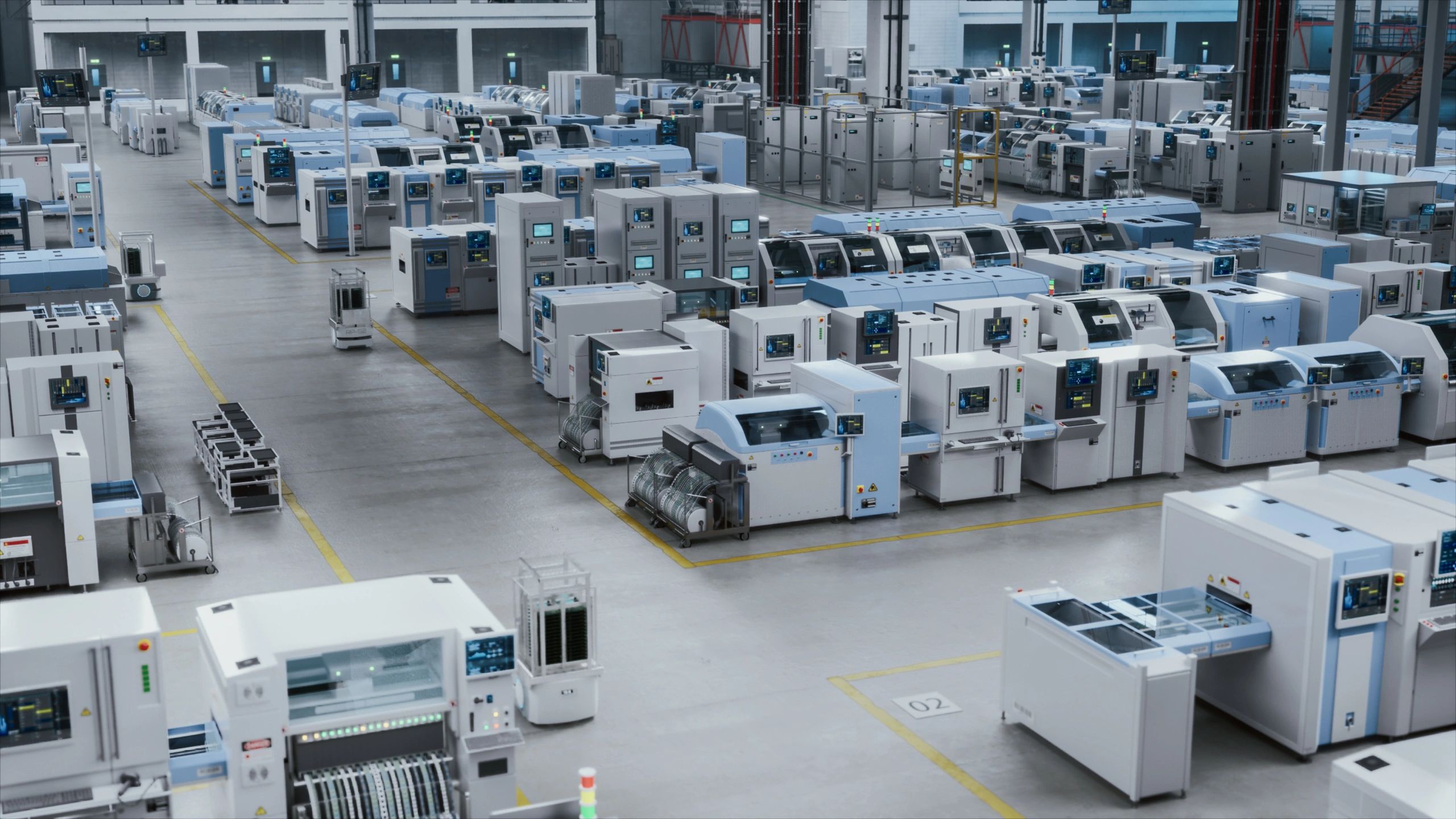 Planta industrial con automatización y robótica, vista amplia de piso de producción